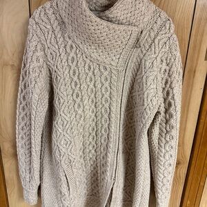 Aran Crafts Merino Wool  Asymmetrical Cable Knit Cardigan L